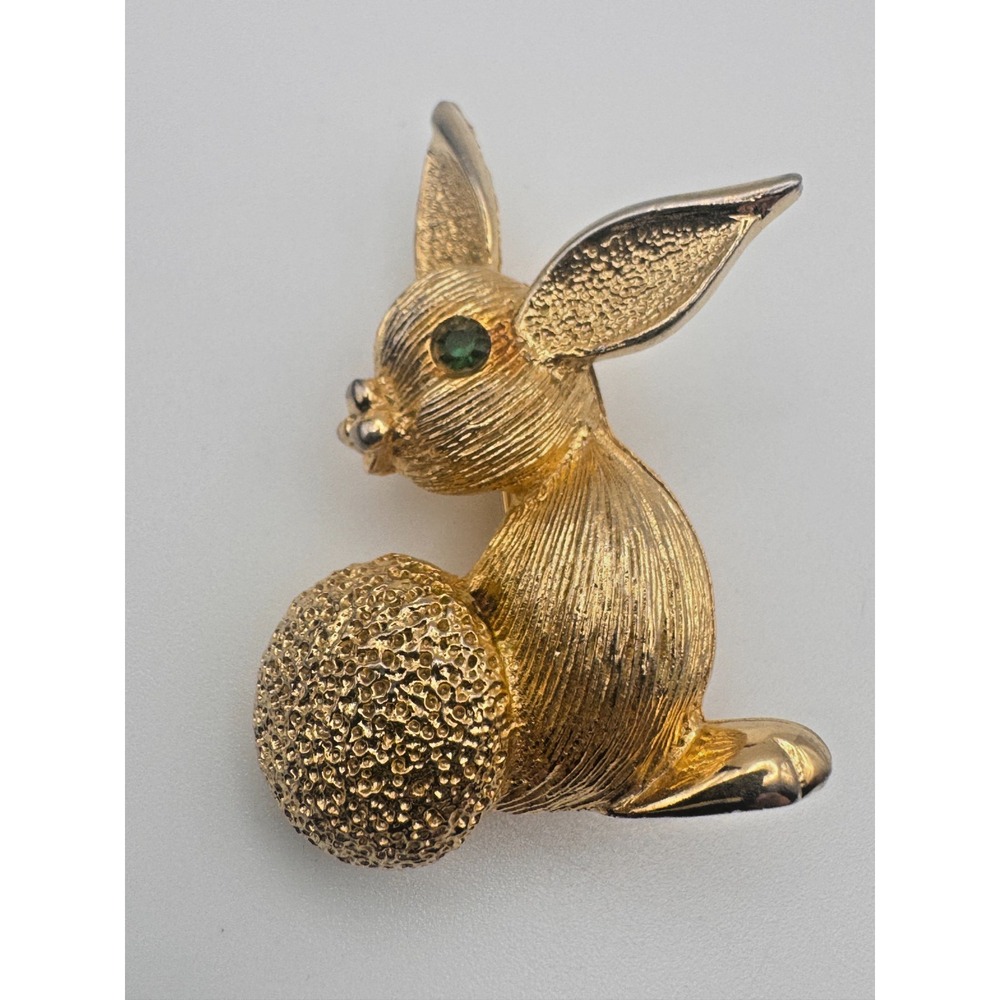 Vintage Bunny Brooch Rabbit Pin Green Rhinestone Eye Easter Figural